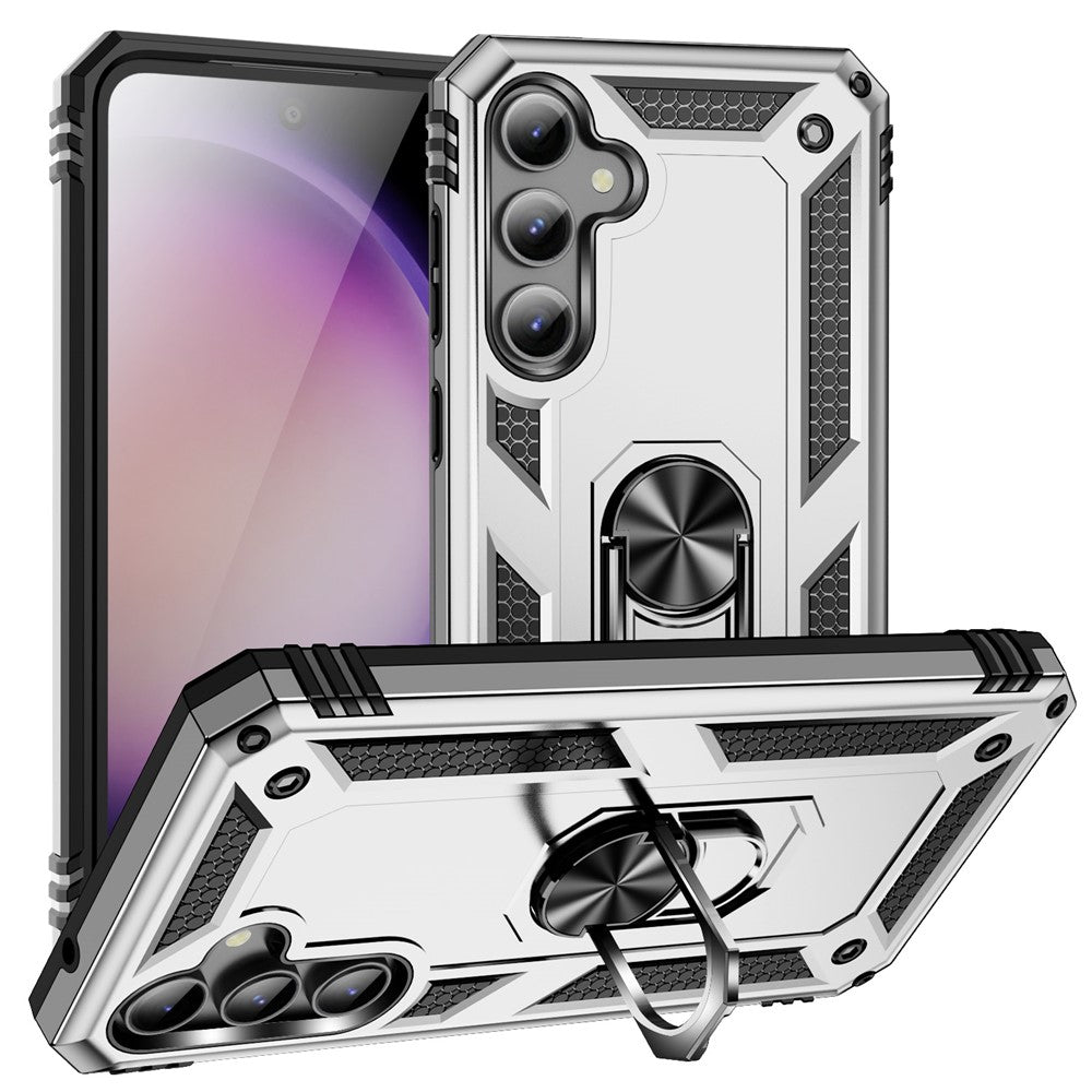 Phone Case for Samsung Galaxy S23 FE Ring Kickstand Anti-fall TPU+PC Cover with Car Mount Metal Sheet