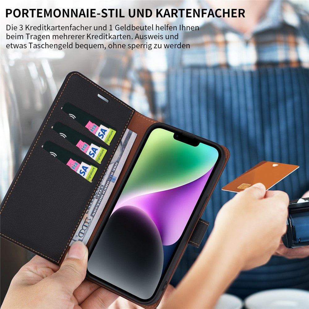 001 For iPhone 15 Pro Max Magnetic Closure Phone Case RFID Blocking Wallet PU Leather Stand Cover