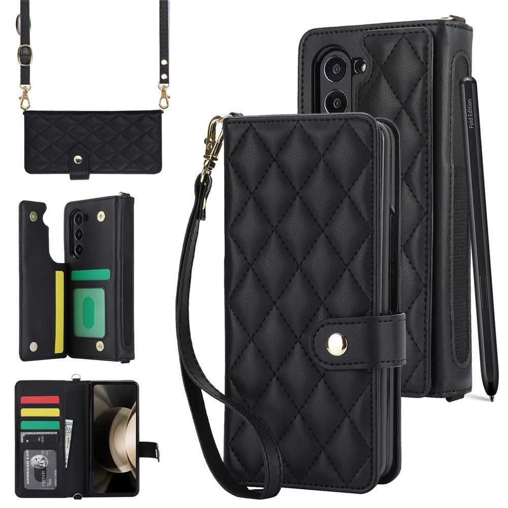 ZD 028 Til Samsung Galaxy Z Fold5 5G PC+PU Læder Flip Cover Stødsikkert Pung Telefoncover med Remme