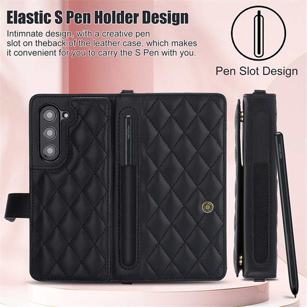 ZD 028 Til Samsung Galaxy Z Fold5 5G PC+PU Læder Flip Cover Stødsikkert Pung Telefoncover med Remme