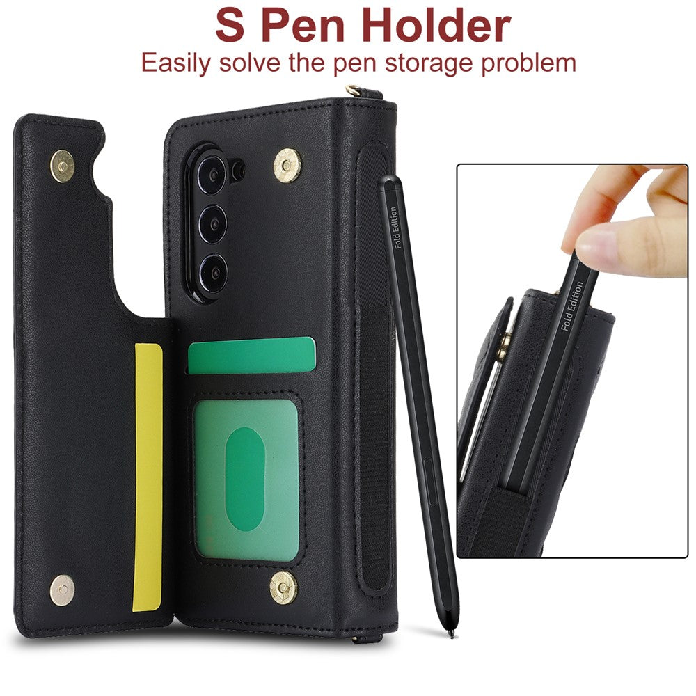 ZD 028 Til Samsung Galaxy Z Fold5 5G PC+PU Læder Flip Cover Stødsikkert Pung Telefoncover med Remme