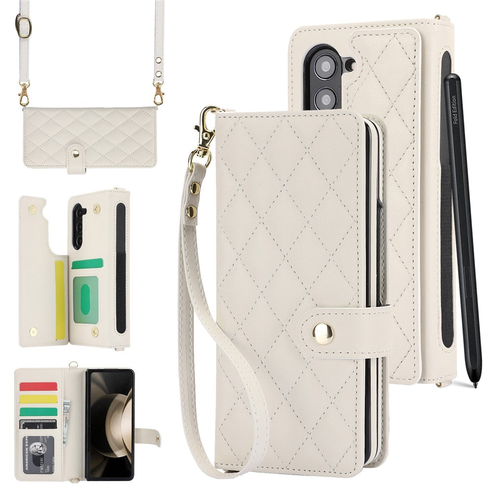 ZD 028 Til Samsung Galaxy Z Fold5 5G PC+PU Læder Flip Cover Stødsikkert Pung Telefoncover med Remme