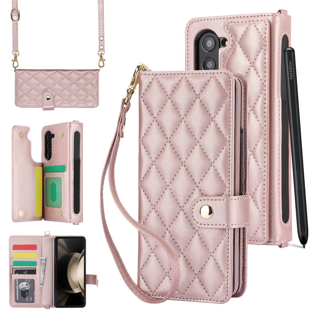ZD 028 Til Samsung Galaxy Z Fold5 5G PC+PU Læder Flip Cover Stødsikkert Pung Telefoncover med Remme