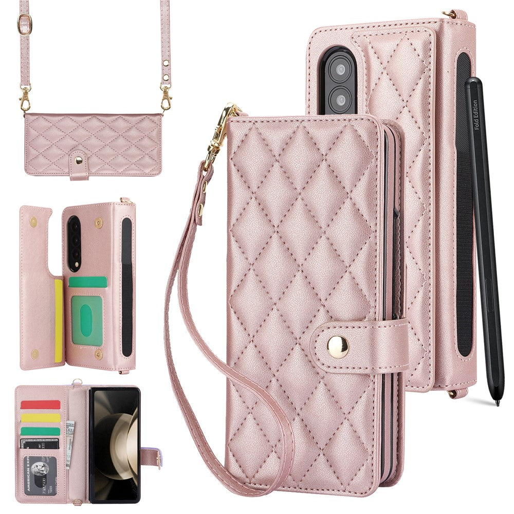 ZD 028 Stødsikkert Cover til Samsung Galaxy Z Fold4 5G PC+PU Læderpung Telefoncover med Remme