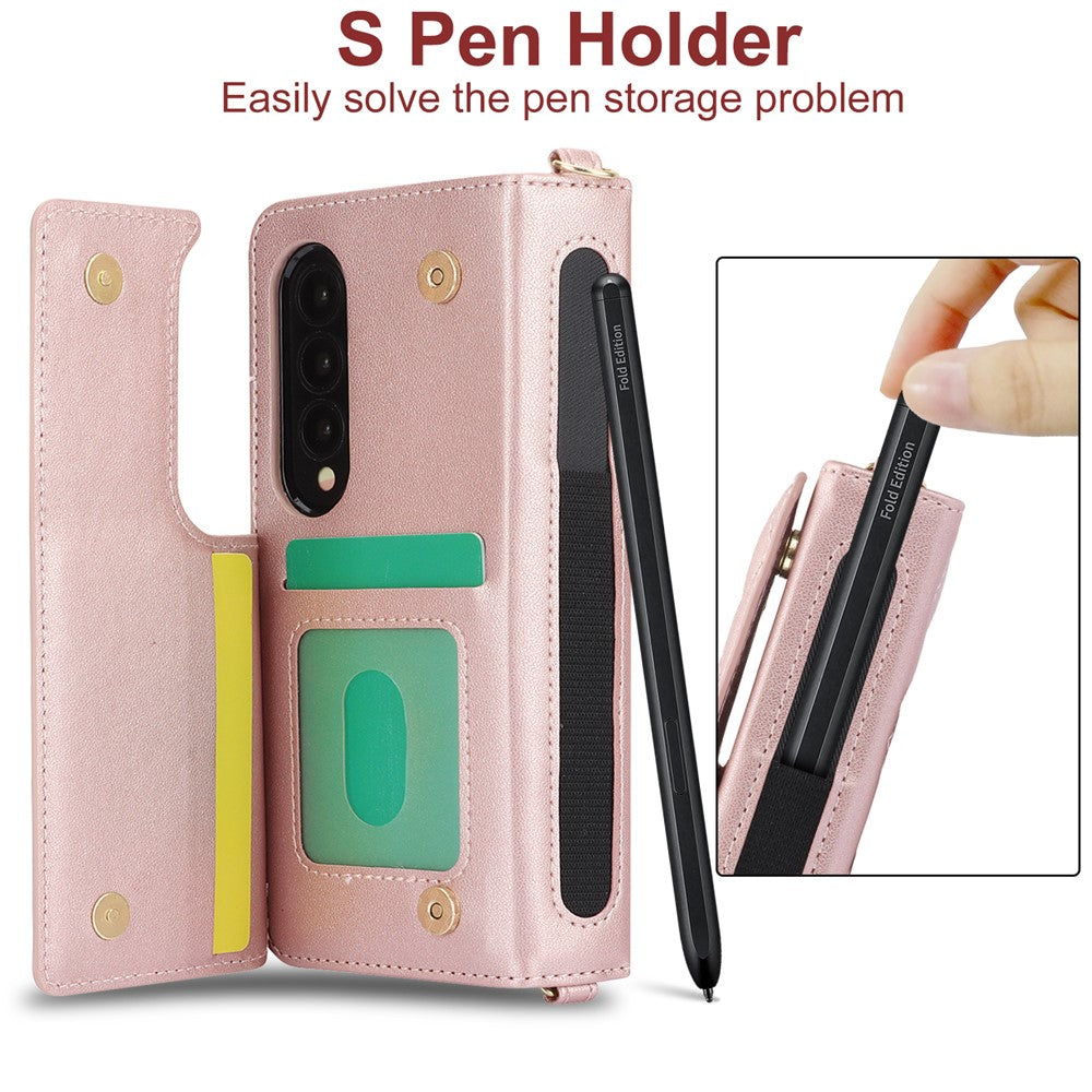 ZD 028 Stødsikkert Cover til Samsung Galaxy Z Fold4 5G PC+PU Læderpung Telefoncover med Remme