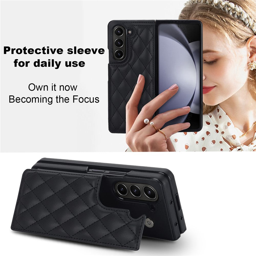 ZD020 Stitching Rhombus PU+PC Phone Case for Samsung Galaxy Z Fold5 5G Card Slots Kickstand Phone Cover
