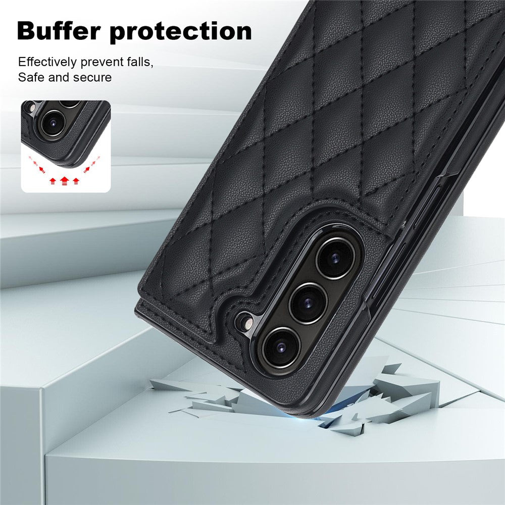 ZD020 Stitching Rhombus PU+PC Phone Case for Samsung Galaxy Z Fold5 5G Card Slots Kickstand Phone Cover
