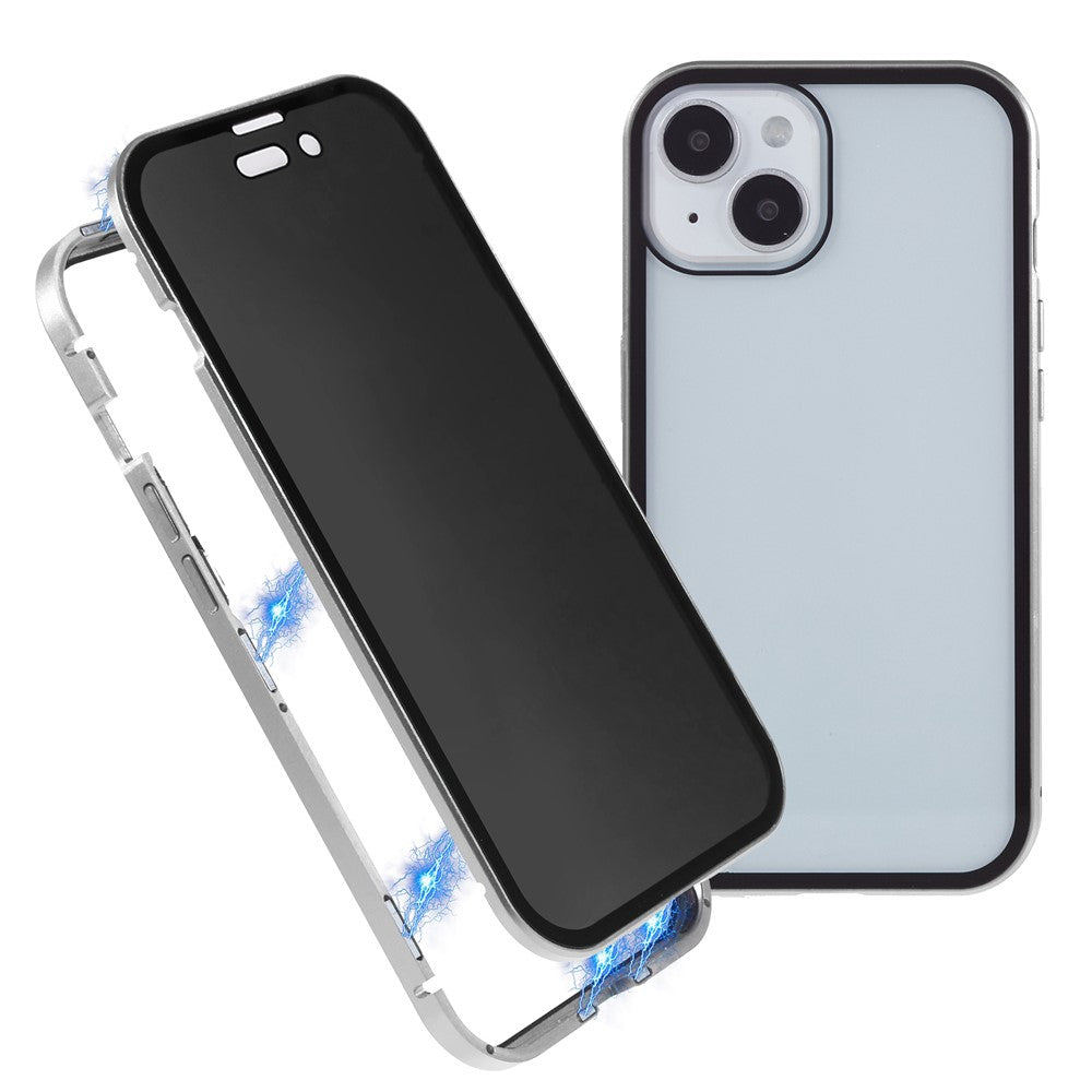 For iPhone 15 Magnetic Cover Metal Frame + Double-sided Tempered Glass Anti-peep Phone Case