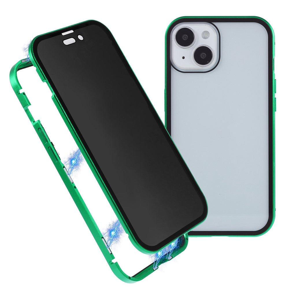 For iPhone 15 Magnetic Cover Metal Frame + Double-sided Tempered Glass Anti-peep Phone Case