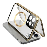 Buckle Lock Phone Cover for iPhone 15 Plus Magnetic Metal Frame + Dual-Sided Tempered Glass Case Compatible with MagSafe