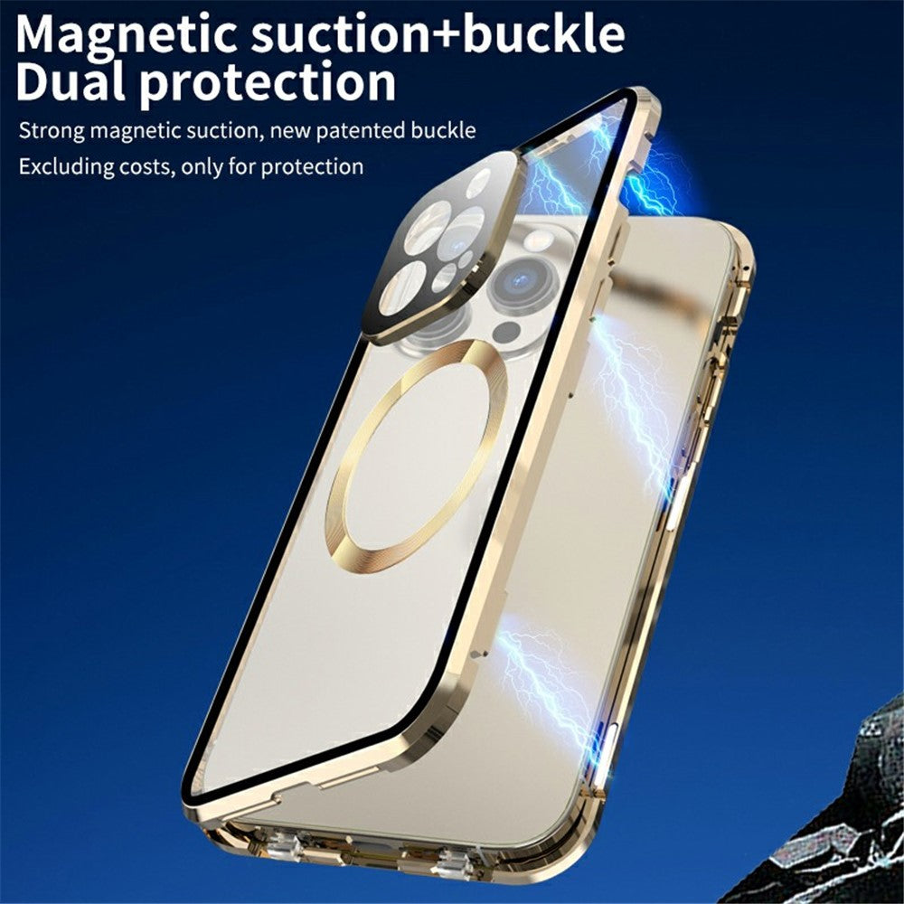 Buckle Lock Phone Cover for iPhone 15 Plus Magnetic Metal Frame + Dual-Sided Tempered Glass Case Compatible with MagSafe