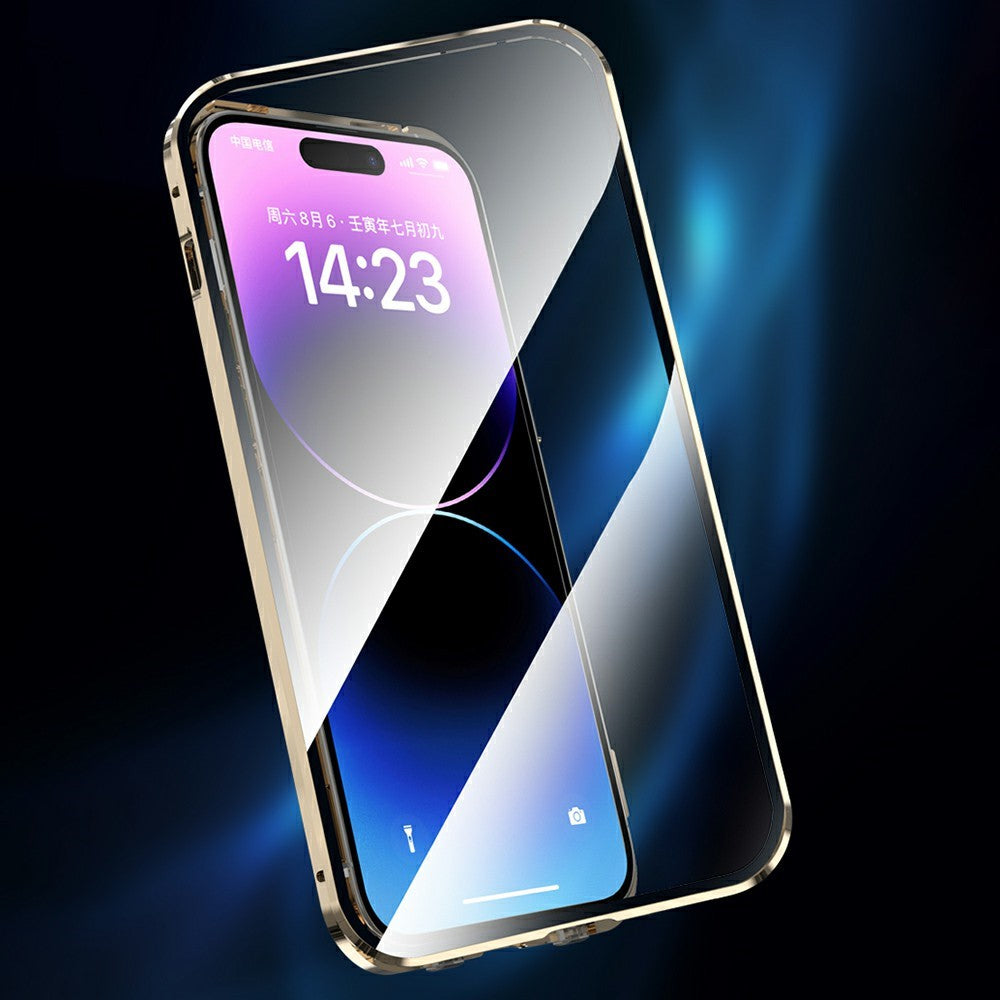 Buckle Lock Phone Cover for iPhone 15 Plus Magnetic Metal Frame + Dual-Sided Tempered Glass Case Compatible with MagSafe