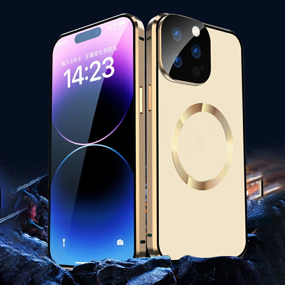 Buckle Lock Phone Cover for iPhone 15 Plus Magnetic Metal Frame + Dual-Sided Tempered Glass Case Compatible with MagSafe