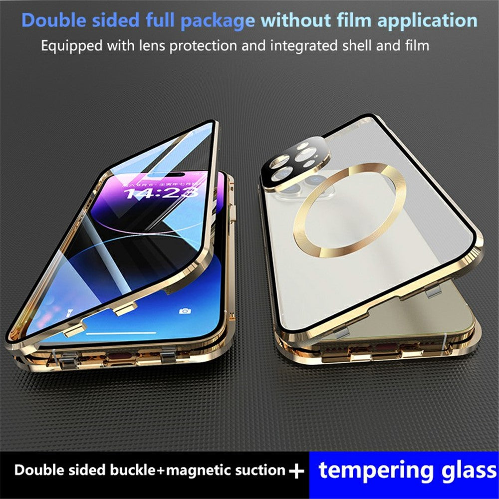Buckle Lock Phone Cover for iPhone 15 Plus Magnetic Metal Frame + Dual-Sided Tempered Glass Case Compatible with MagSafe