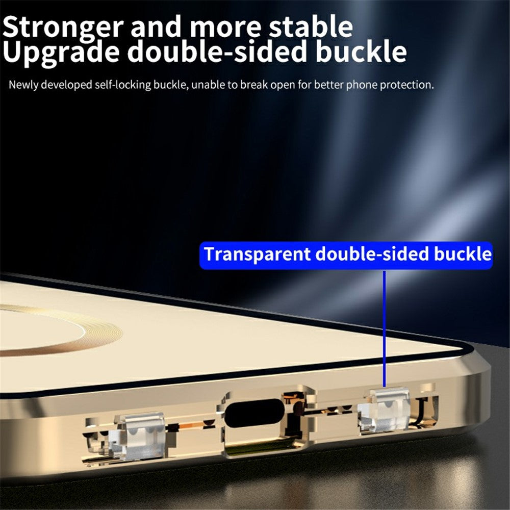 Buckle Lock Phone Cover for iPhone 15 Plus Magnetic Metal Frame + Dual-Sided Tempered Glass Case Compatible with MagSafe