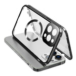 Buckle Lock Phone Cover for iPhone 15 Plus Magnetic Metal Frame + Dual-Sided Tempered Glass Case Compatible with MagSafe