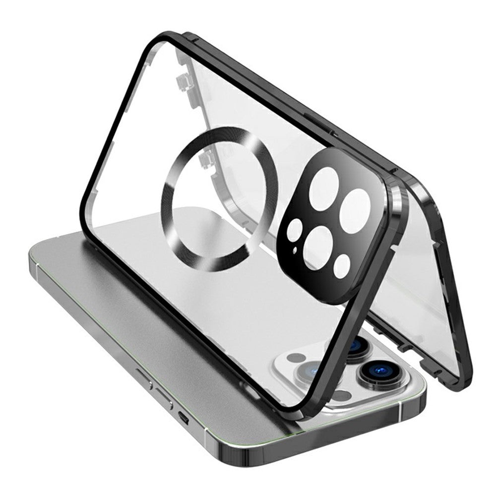 Buckle Lock Phone Cover for iPhone 15 Plus Magnetic Metal Frame + Dual-Sided Tempered Glass Case Compatible with MagSafe
