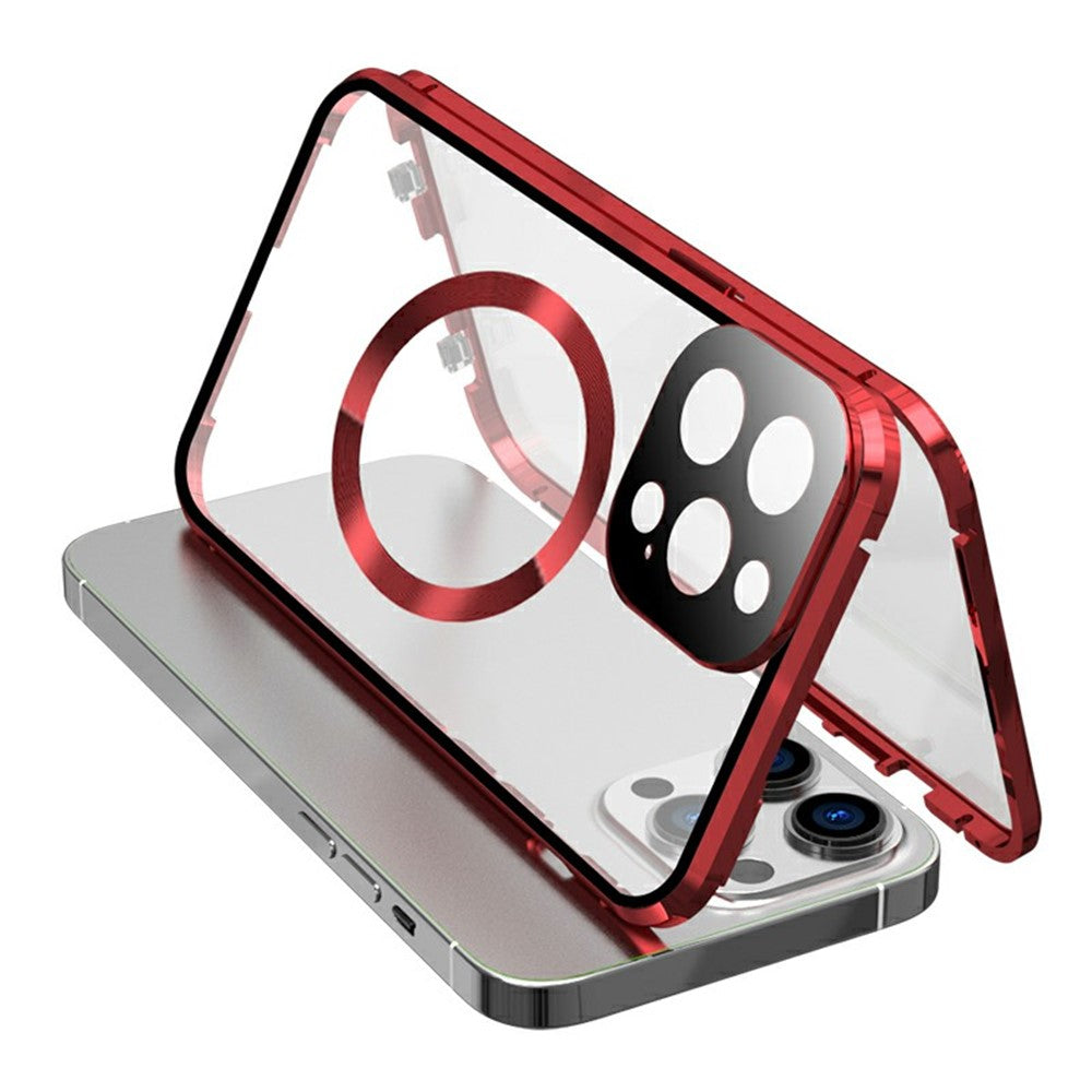 Buckle Lock Phone Cover for iPhone 15 Plus Magnetic Metal Frame + Dual-Sided Tempered Glass Case Compatible with MagSafe