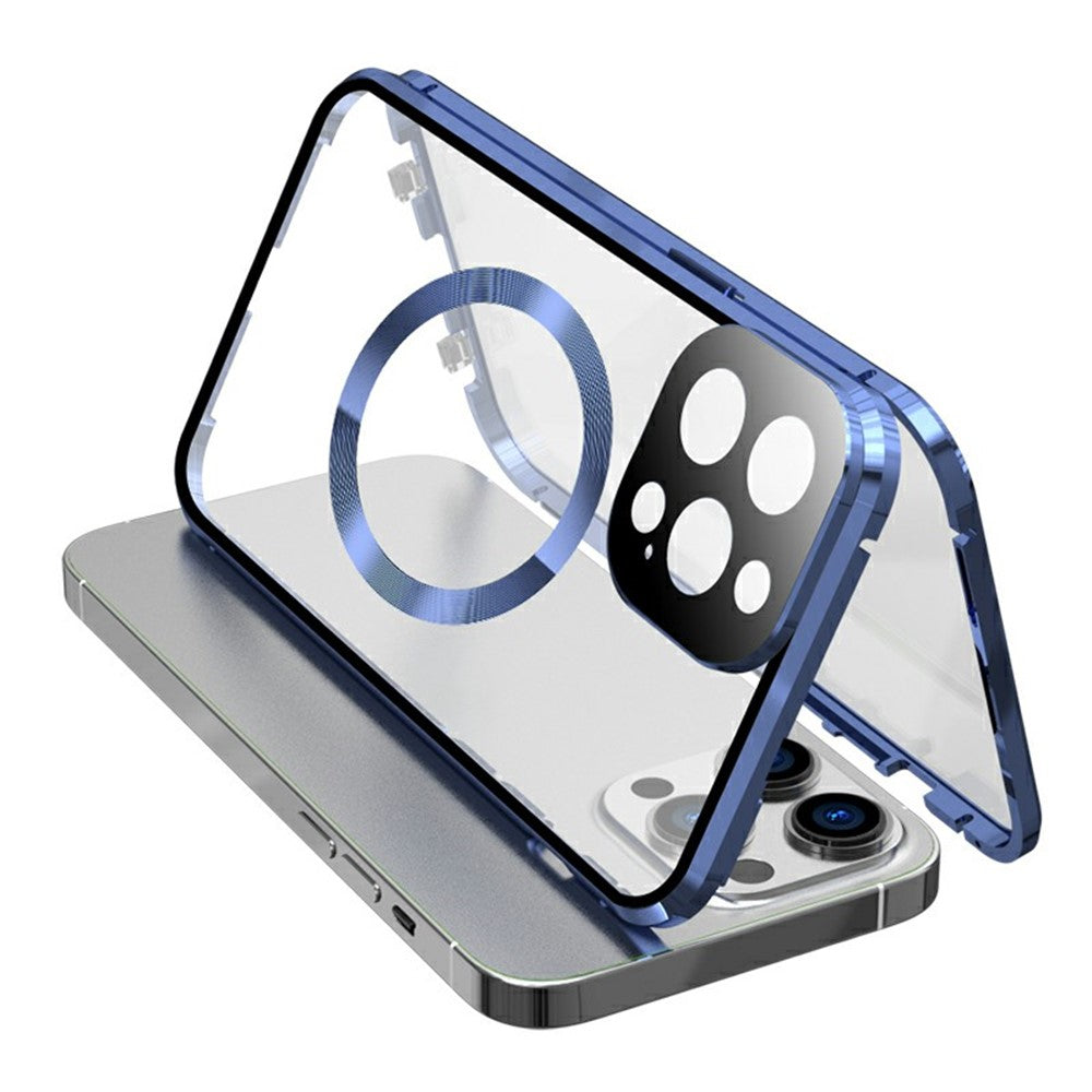 Buckle Lock Phone Cover for iPhone 15 Plus Magnetic Metal Frame + Dual-Sided Tempered Glass Case Compatible with MagSafe