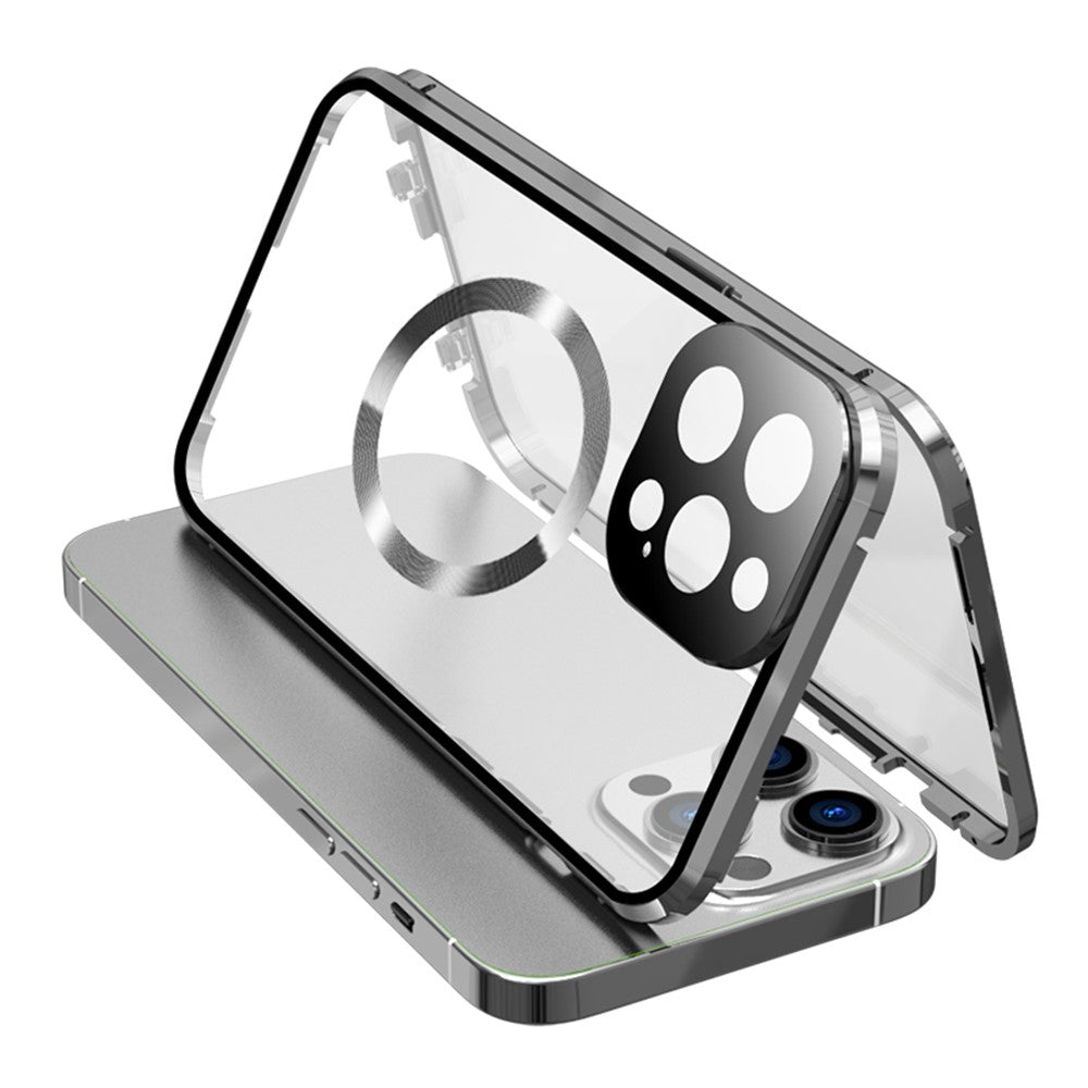 Buckle Lock Phone Cover for iPhone 15 Plus Magnetic Metal Frame + Dual-Sided Tempered Glass Case Compatible with MagSafe