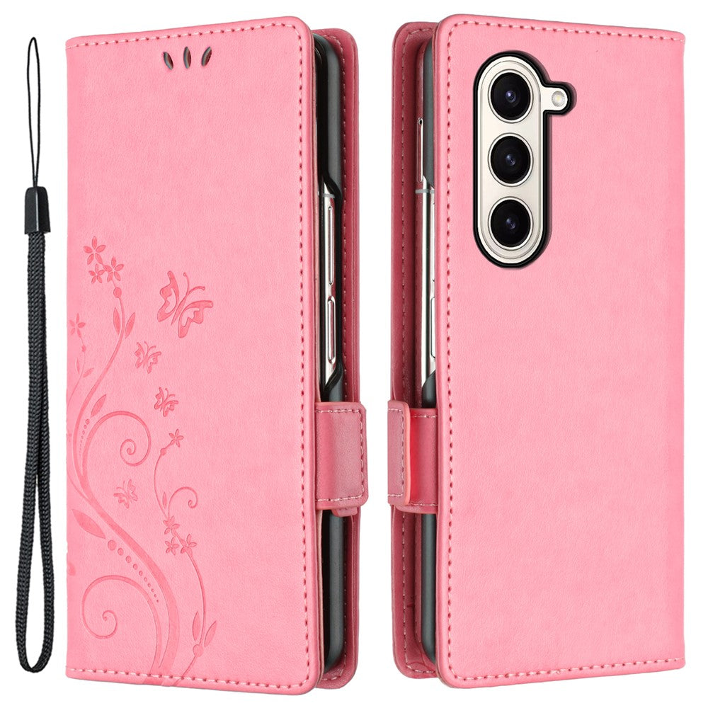 Til Samsung Galaxy Z Fold5 5G Imprinted Butterflies Anti-ridse Telefoncover PU Læder Pung Cover Stativ med Rem