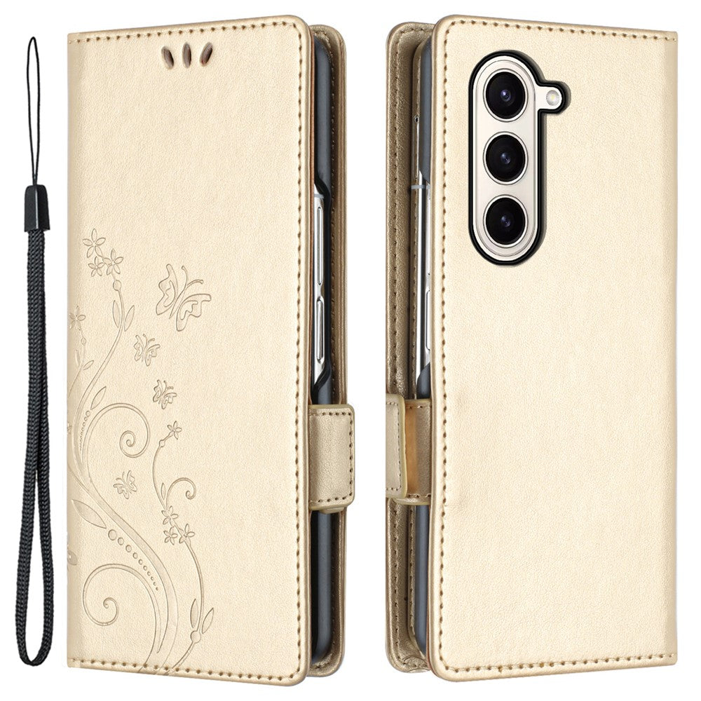 Til Samsung Galaxy Z Fold5 5G Imprinted Butterflies Anti-ridse Telefoncover PU Læder Pung Cover Stativ med Rem