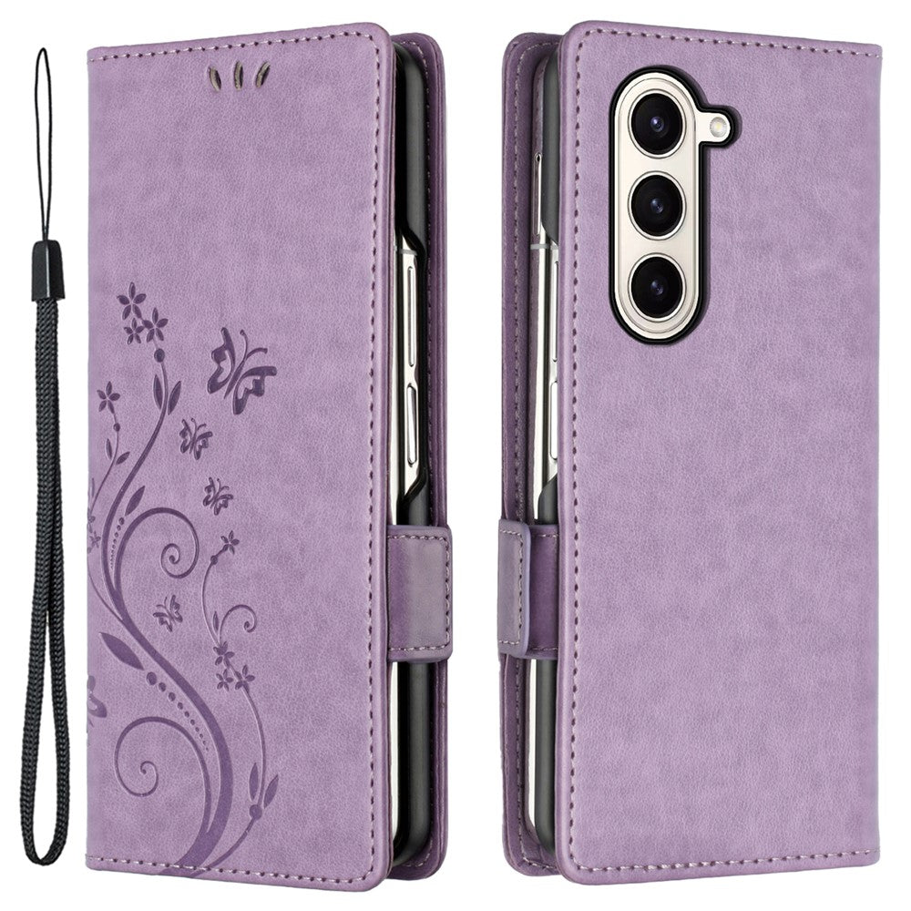 Til Samsung Galaxy Z Fold5 5G Imprinted Butterflies Anti-ridse Telefoncover PU Læder Pung Cover Stativ med Rem