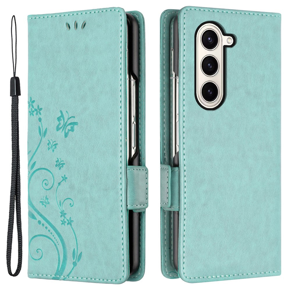 Til Samsung Galaxy Z Fold5 5G Imprinted Butterflies Anti-ridse Telefoncover PU Læder Pung Cover Stativ med Rem