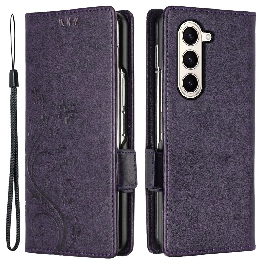 Til Samsung Galaxy Z Fold5 5G Imprinted Butterflies Anti-ridse Telefoncover PU Læder Pung Cover Stativ med Rem