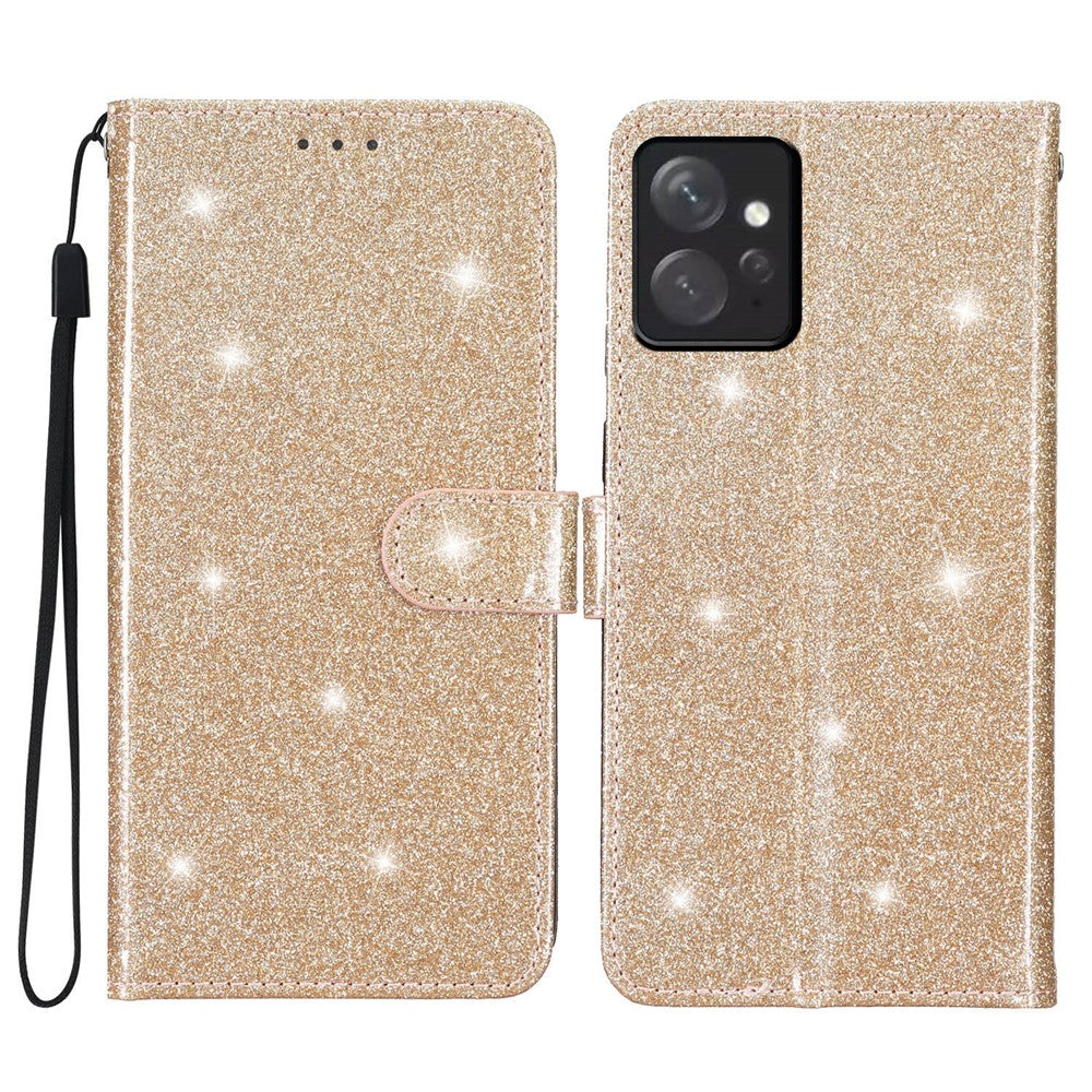 For Xiaomi Redmi Note 12 4G Leather Wallet Stand Case Drop-proof Glittery Phone Cover with Strap