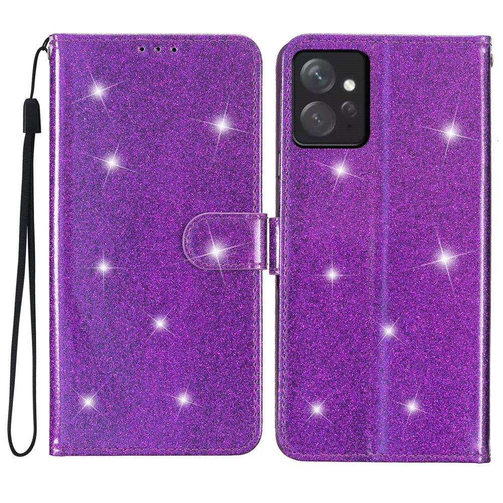 For Xiaomi Redmi Note 12 4G Leather Wallet Stand Case Drop-proof Glittery Phone Cover with Strap