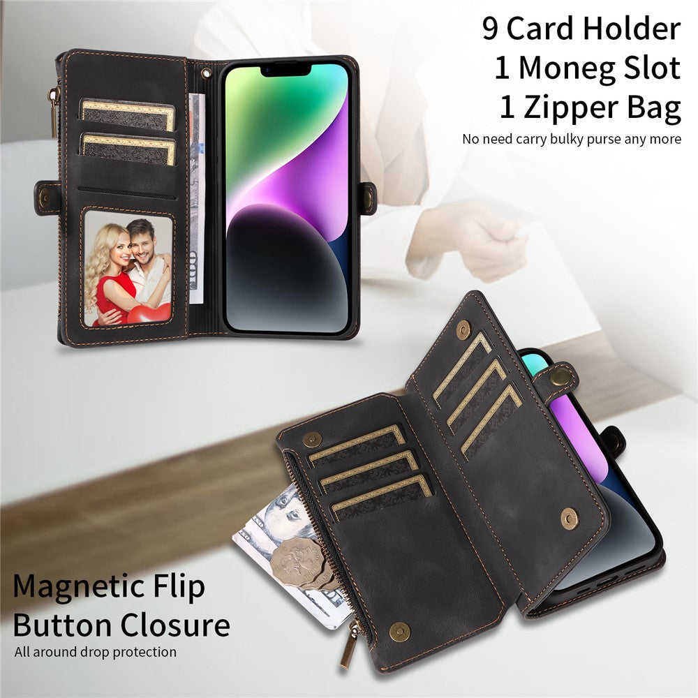 RFID Blocking Wallet Case for iPhone 15 Pro Max, Zipper Pocket Leather Stand Phone Cover