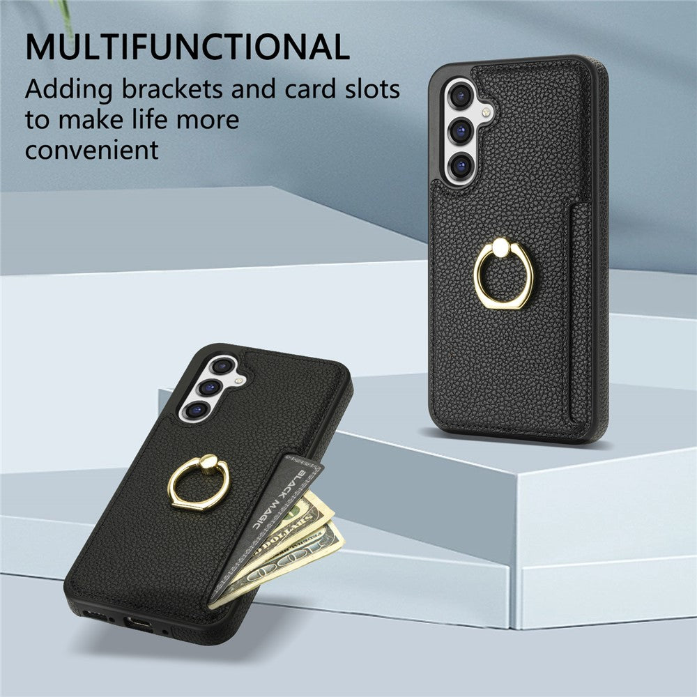 Samsung Galaxy S23 FE Fingerring Stöd Mobilskal PU Läder+TPU Korthållare Skydd