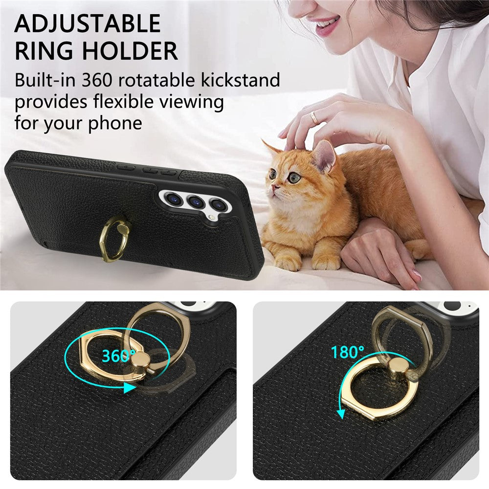 Samsung Galaxy S23 FE Fingerring Stöd Mobilskal PU Läder+TPU Korthållare Skydd