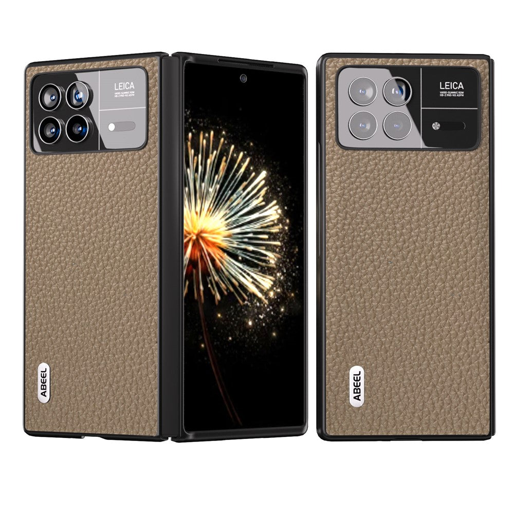 ABEEL For Xiaomi Mix Fold 3 5G Litchi Texture Protective Cover Genuine Cow Leather Coated PC Phone Case