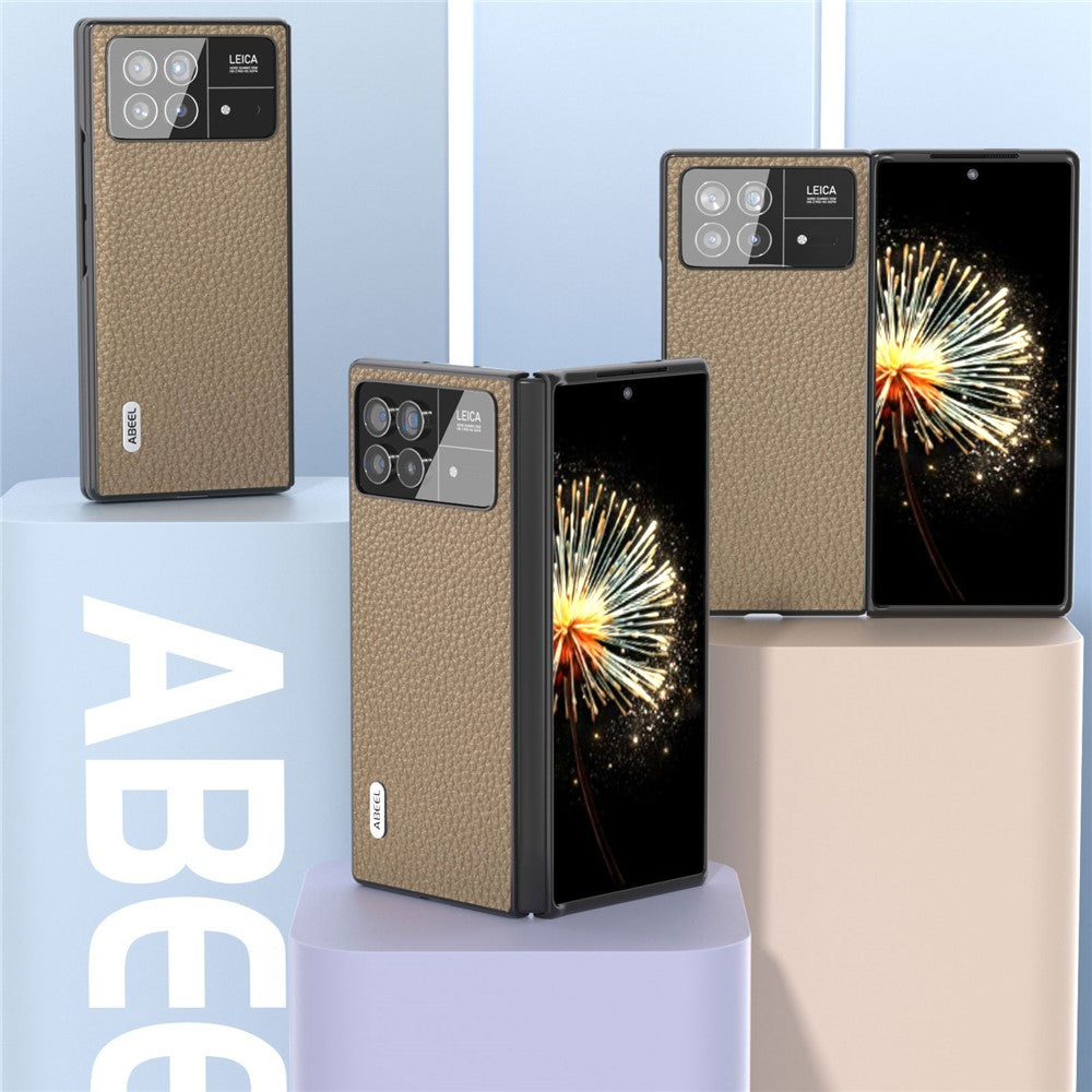 ABEEL For Xiaomi Mix Fold 3 5G Litchi Texture Protective Cover Genuine Cow Leather Coated PC Phone Case