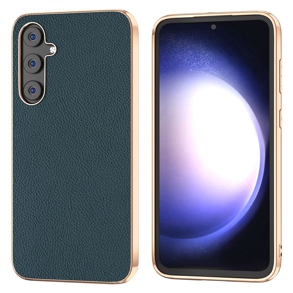 For Samsung Galaxy S23 FE Phone Case Litchi Texture Genuine Cow Leather+TPU+PC Nano Electroplating Cover