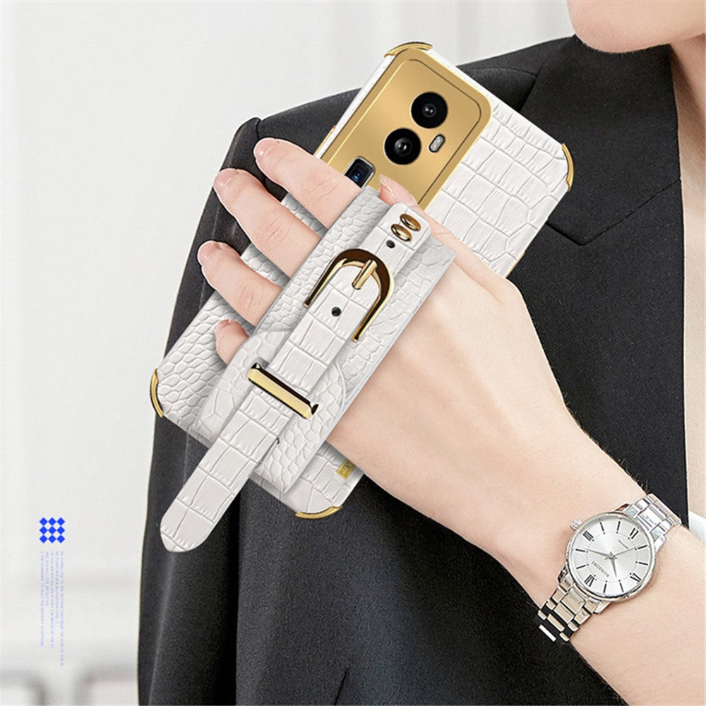 For Oppo Reno10 Pro+ 5G Electroplating Phone Cover PU Leather+TPU Case with Wristband Kickstand