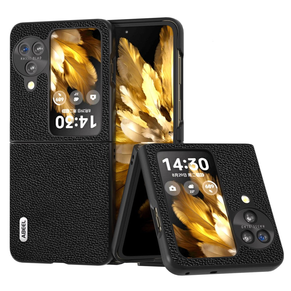 ABEEL For Oppo Find N3 Flip 5G Litchi Texture Phone Cover Genuine Cow Leather+PC Shockproof Case