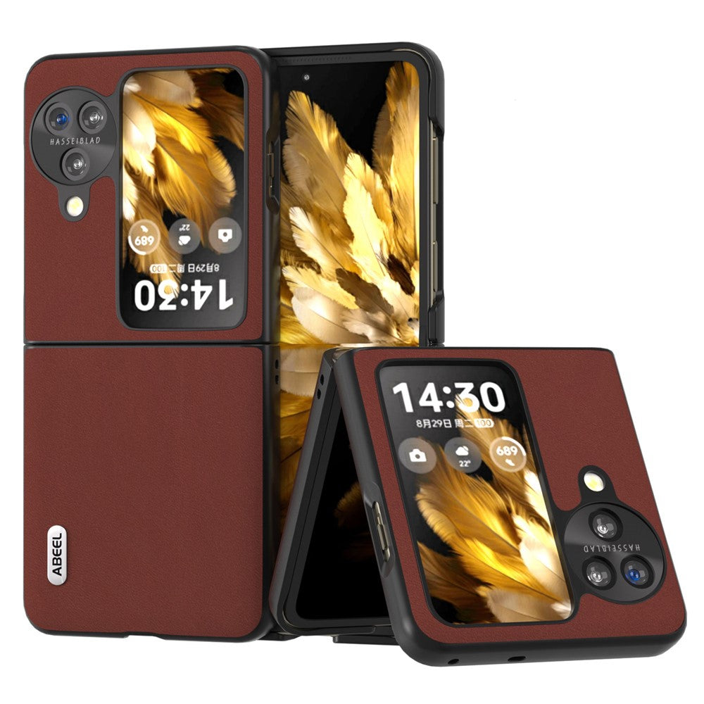 ABEEL For Oppo Find N3 Flip 5G Silky Feeling Shockproof Cover Genuine Cow Leather Coated PC Phone Case