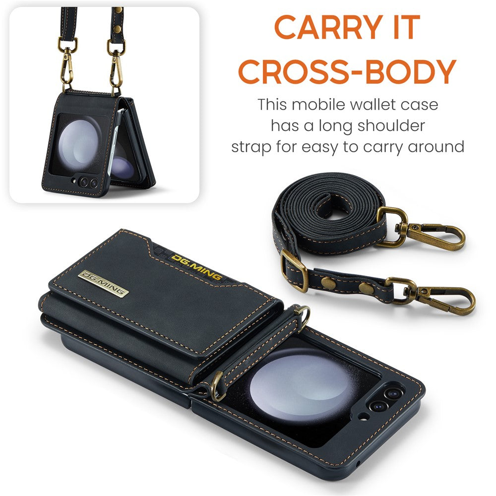 DG.MING M2 Series for Samsung Galaxy Z Flip5 5G Leather Coated+PC Phone Case Magnetic Kickstand Cover Card Holder