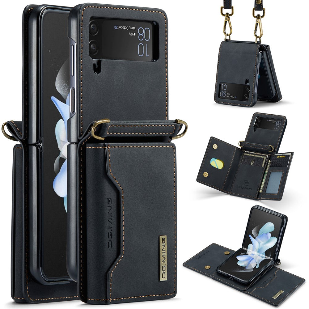 DG.MING M2-serien för Samsung Galaxy Z Flip4 5G magnetiskt läder+PC-mobilskal med stativ, plånboksfodral med axelrem