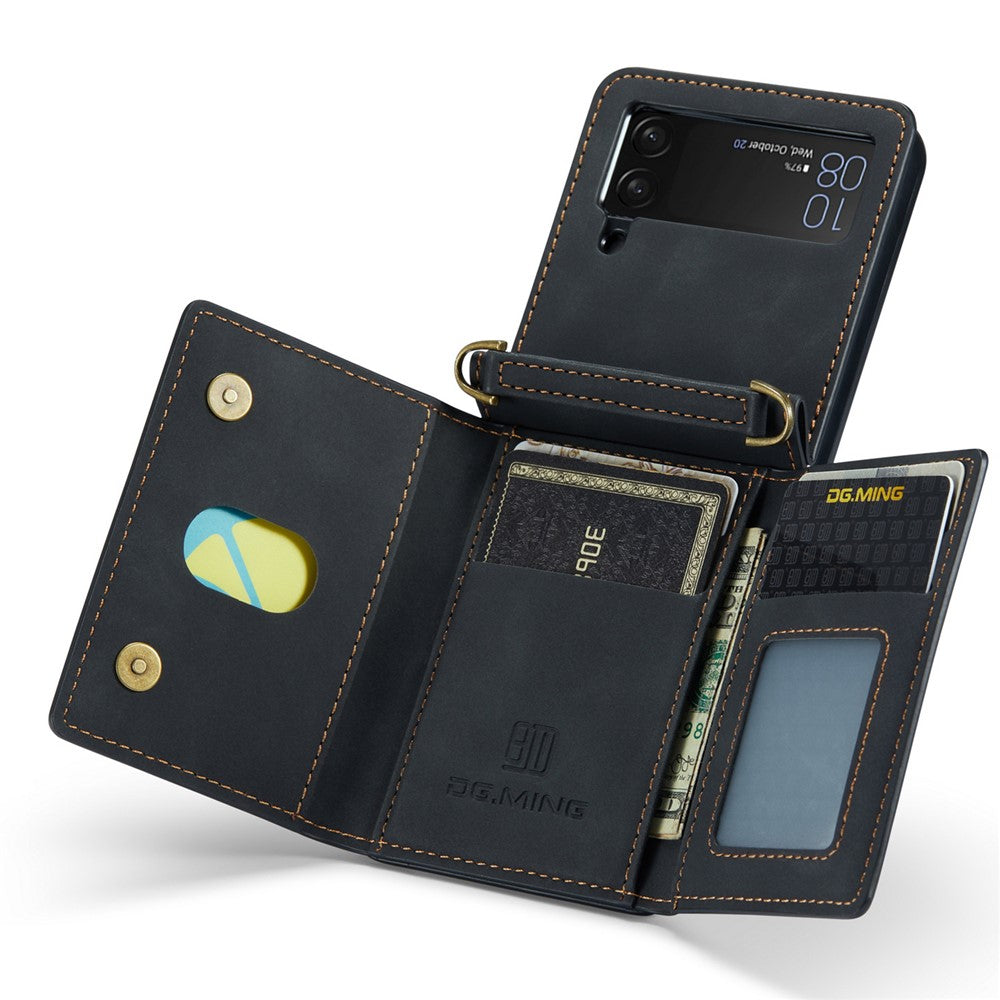 DG.MING M2-serien för Samsung Galaxy Z Flip4 5G magnetiskt läder+PC-mobilskal med stativ, plånboksfodral med axelrem