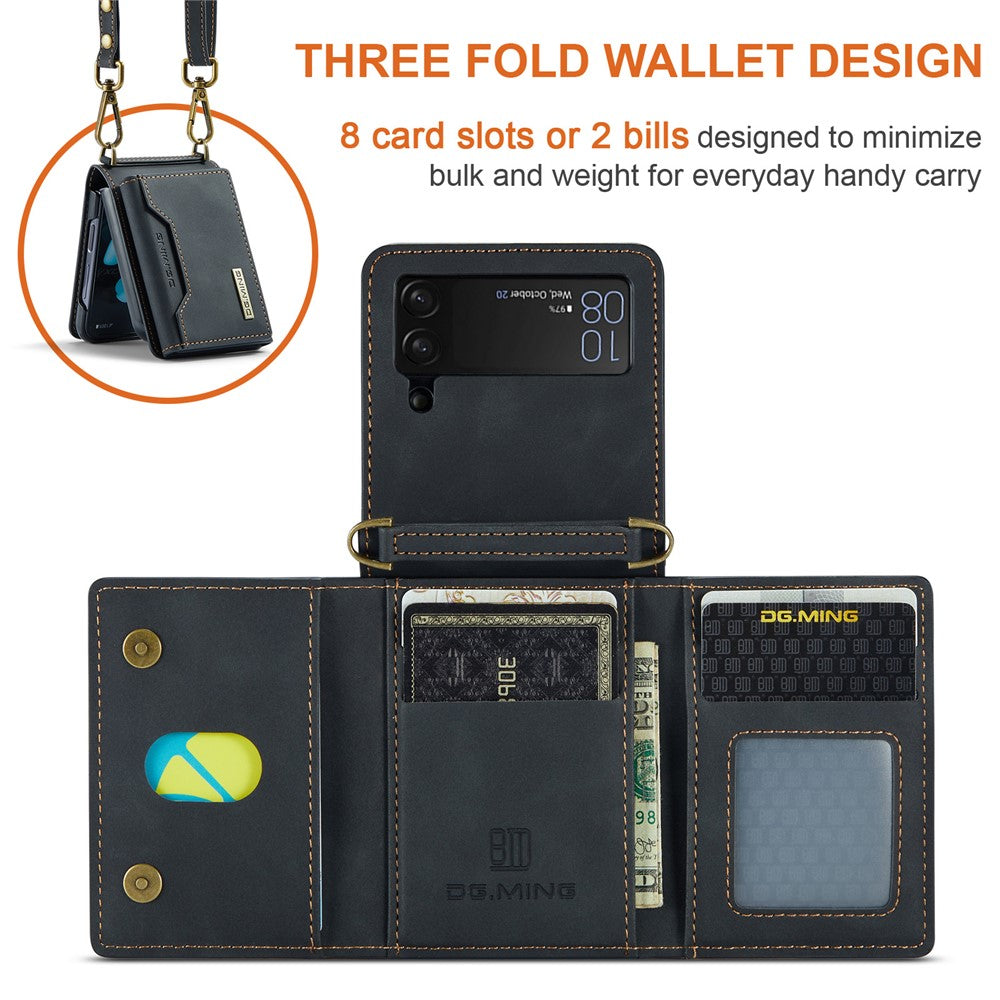DG.MING M2-serien för Samsung Galaxy Z Flip4 5G magnetiskt läder+PC-mobilskal med stativ, plånboksfodral med axelrem