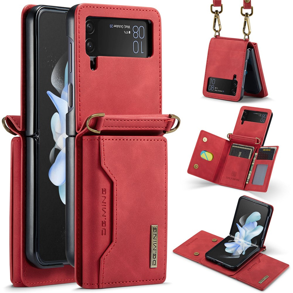 DG.MING M2-serien för Samsung Galaxy Z Flip4 5G magnetiskt läder+PC-mobilskal med stativ, plånboksfodral med axelrem
