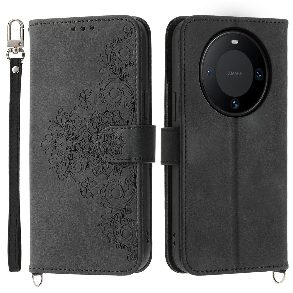 Läderfodral för Huawei Mate 60 Pro, stativ med tryck, plånboksfodral med handledsrem och axelrem