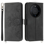 For Huawei Mate 60 Pro Phone Leather Case Imprinted Flower Stand Wallet Cover with Wrist Strap + Shoulder Strap