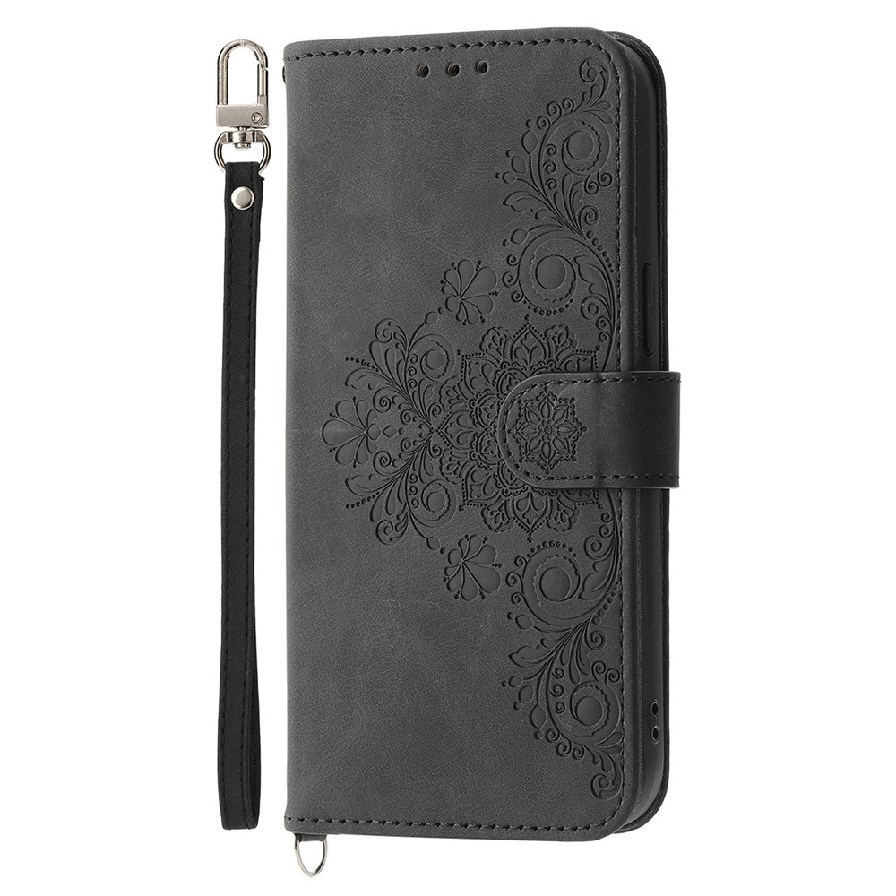 For Huawei Mate 60 Pro Phone Leather Case Imprinted Flower Stand Wallet Cover with Wrist Strap + Shoulder Strap