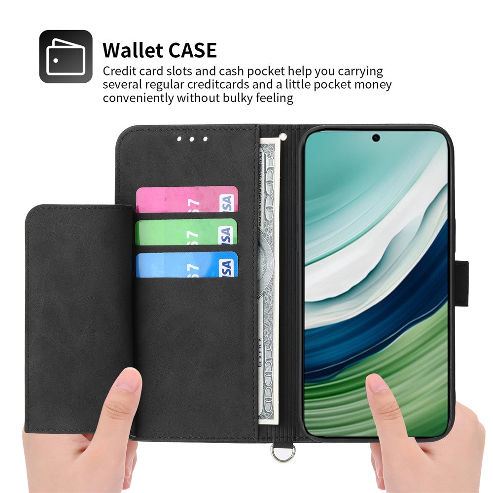 For Huawei Mate 60 Pro Phone Leather Case Imprinted Flower Stand Wallet Cover with Wrist Strap + Shoulder Strap
