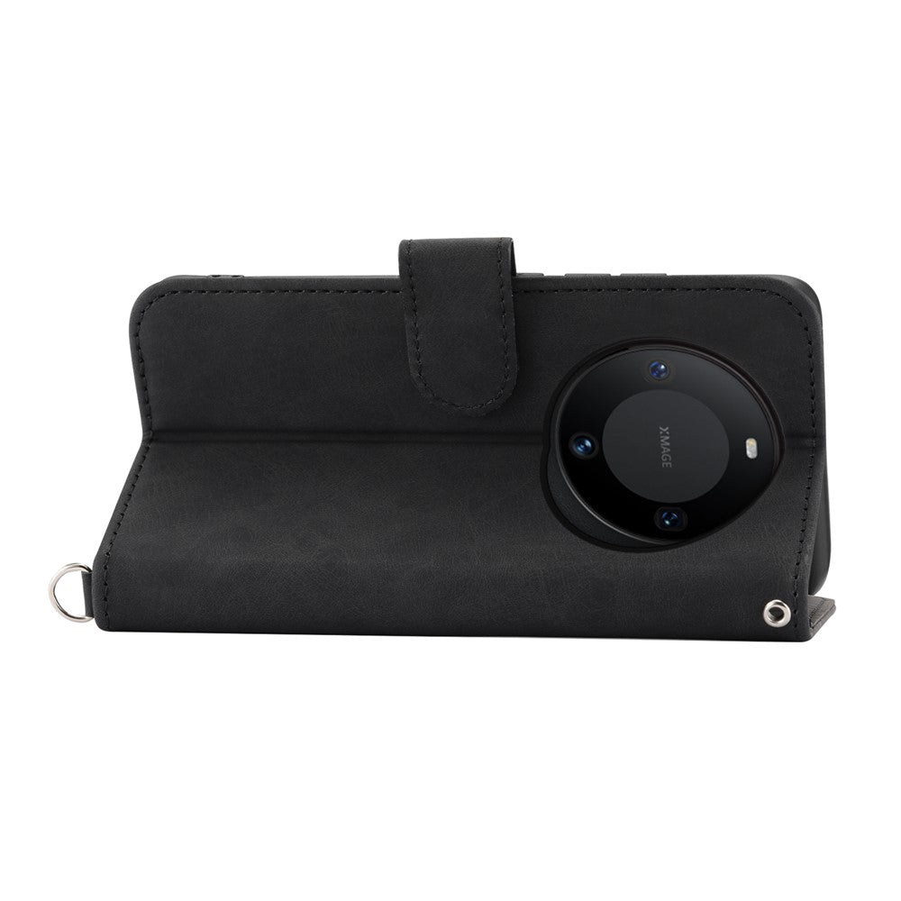 For Huawei Mate 60 Pro Phone Leather Case Imprinted Flower Stand Wallet Cover with Wrist Strap + Shoulder Strap